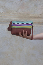 Load image into Gallery viewer, Pictured: Panchoy Bag made with &quot;Acatenango Blue&quot; fabric and &quot;Chocolate&quot; leather
